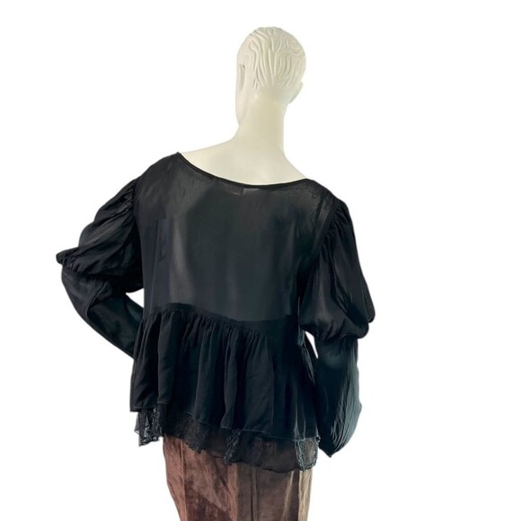 Marrika Nakk Black Sheer Chiffon & Lace Peasant Blouse Puff Sleeve Ruffled Hem M - Picture 2 of 8